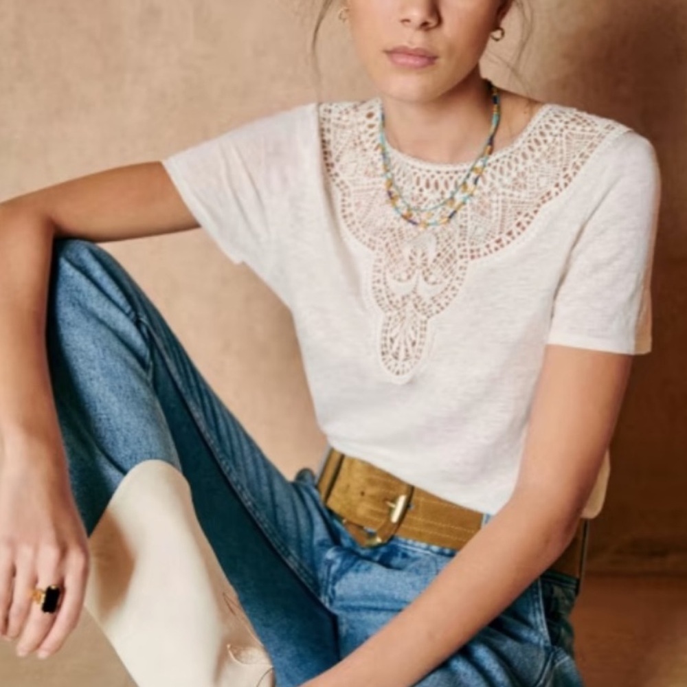 NWT Sezane Issa Lace T-shirt ✨ Linen, Ecru color, XS